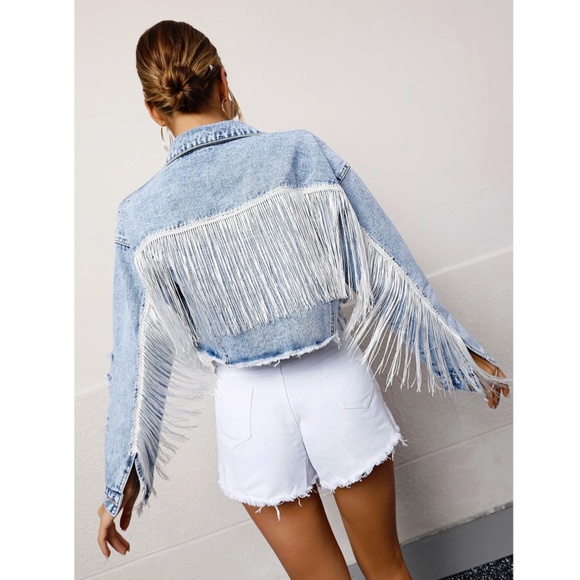 Tassel Detail Light Wash Blue Denim Jean Jacket Crop Button Front Pockets - Picture 4 of 8